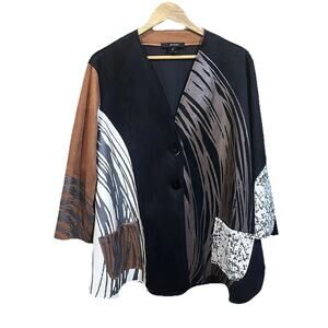 Ali Miles Boho Faux Suede Printed Jacket Womens Sz 1X Black Brown Artsy Western